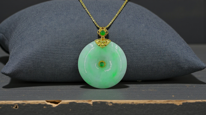 Emperors' Round Burmese A-Jadeite 24.00 mm Donut Pendant (with 18K Yellow Gold) - Certified - V12