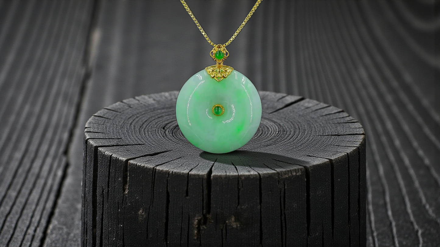 Emperors' Round Burmese A-Jadeite 24.00 mm Donut Pendant (with 18K Yellow Gold) - Certified - V12