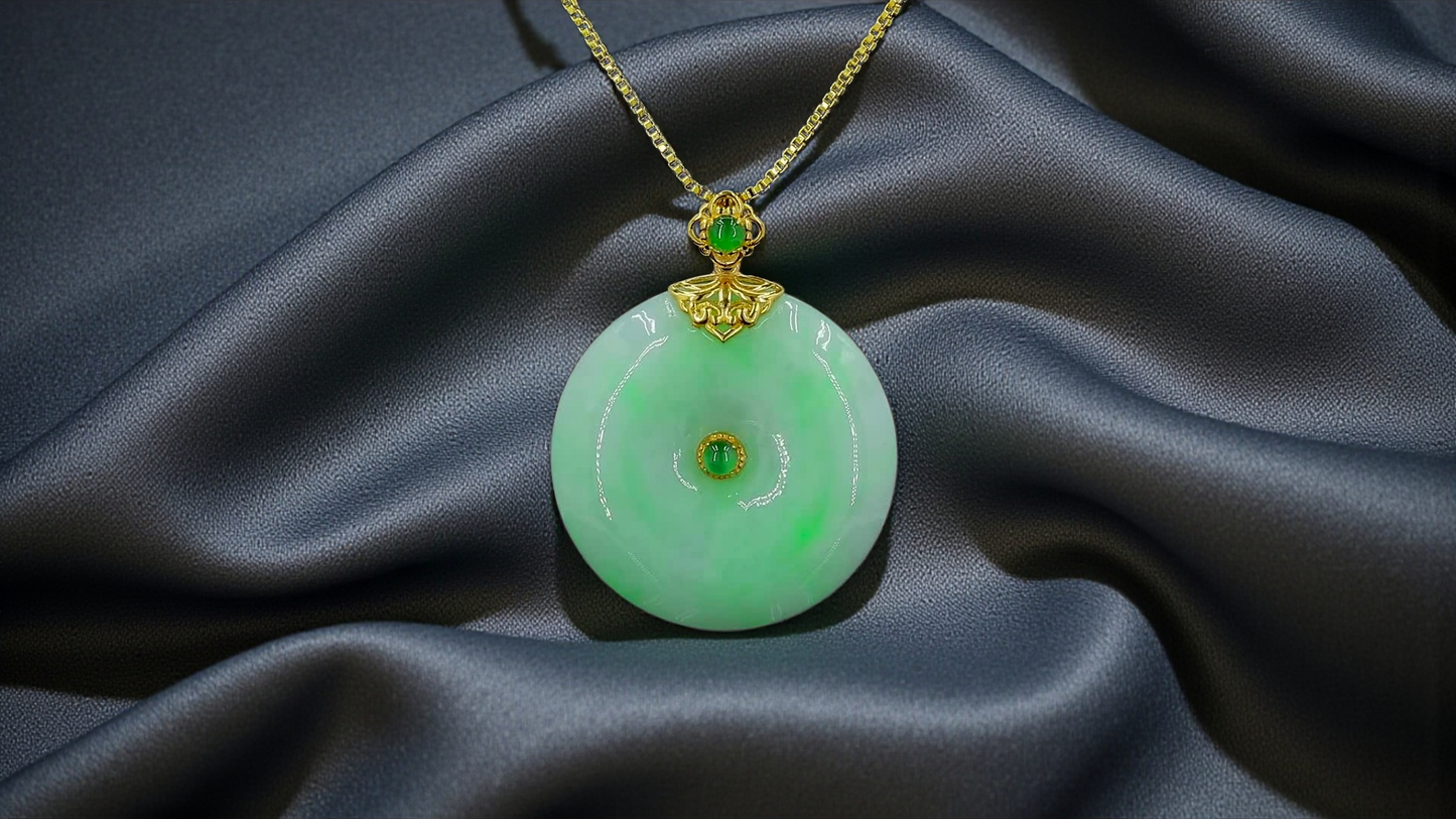 Emperors' Round Burmese A-Jadeite 24.00 mm Donut Pendant (with 18K Yellow Gold) - Certified - V12
