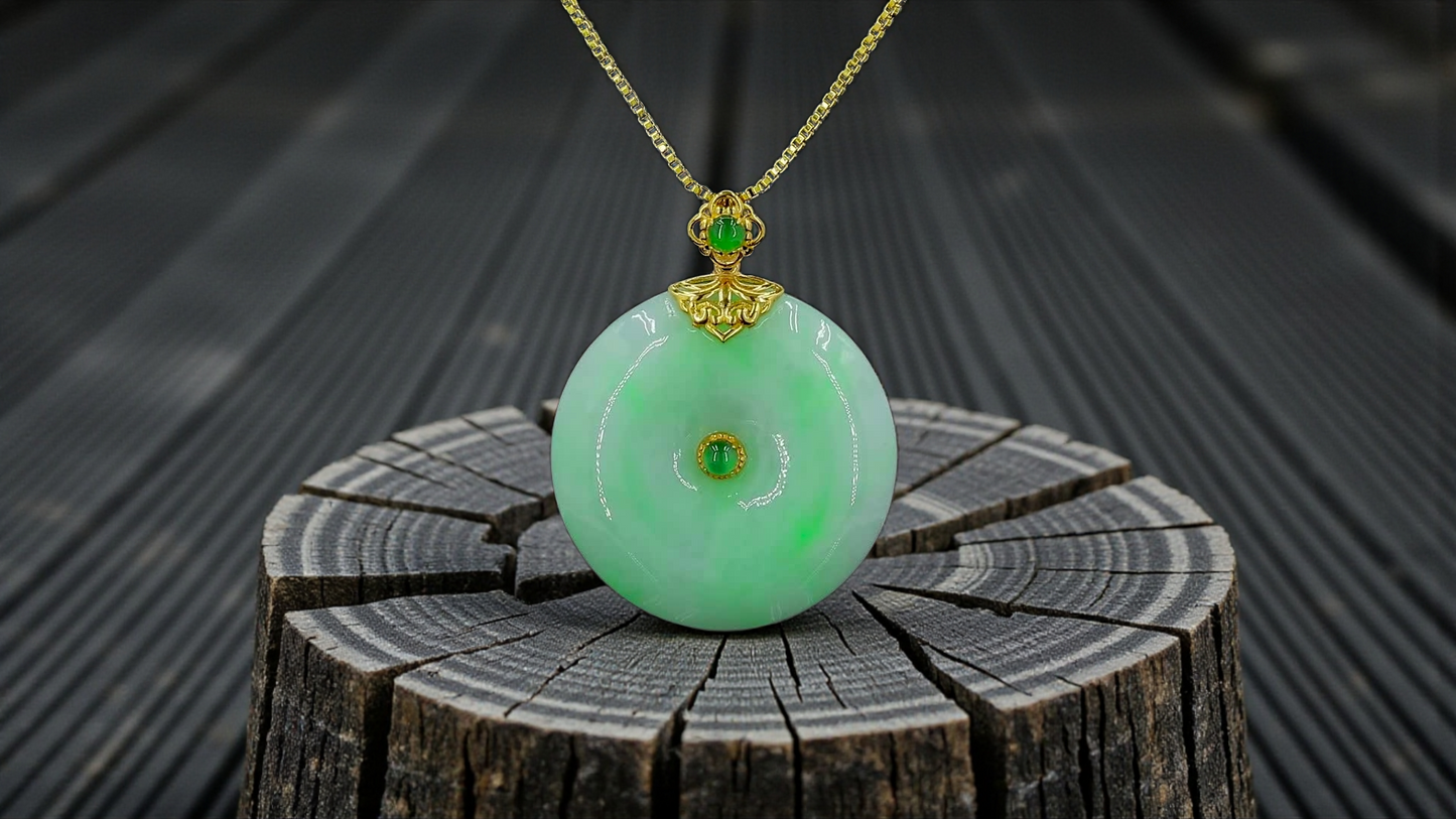 Emperors' Round Burmese A-Jadeite 24.00 mm Donut Pendant (with 18K Yellow Gold) - Certified - V12