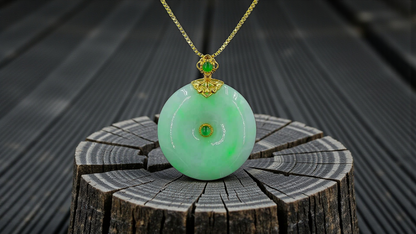 Emperors' Round Burmese A-Jadeite 24.00 mm Donut Pendant (with 18K Yellow Gold) - Certified - V12