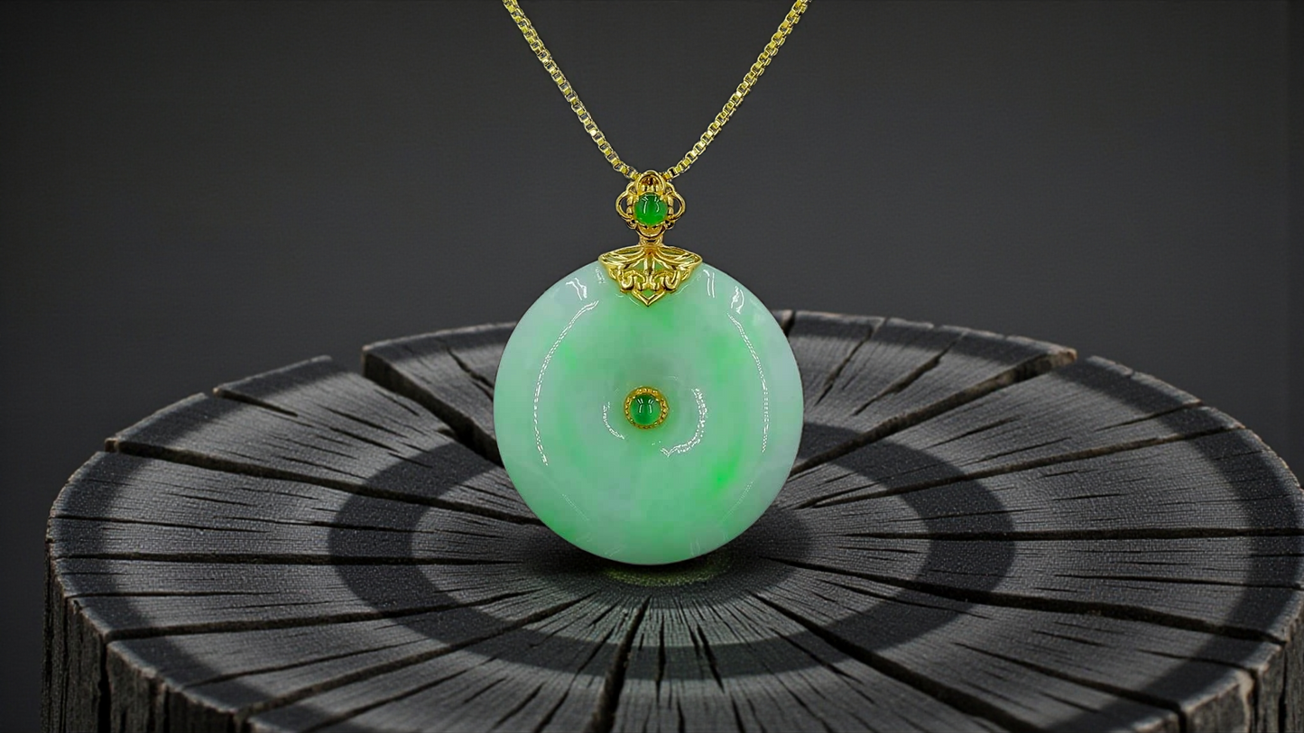 Emperors' Round Burmese A-Jadeite 24.00 mm Donut Pendant (with 18K Yellow Gold) - Certified - V12