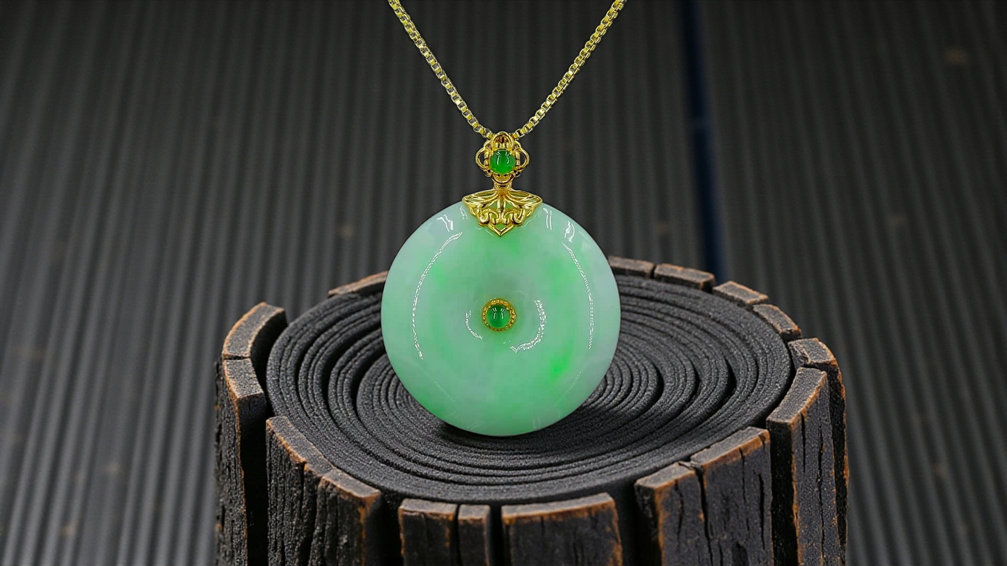 Emperors' Round Burmese A-Jadeite 24.00 mm Donut Pendant (with 18K Yellow Gold) - Certified - V12