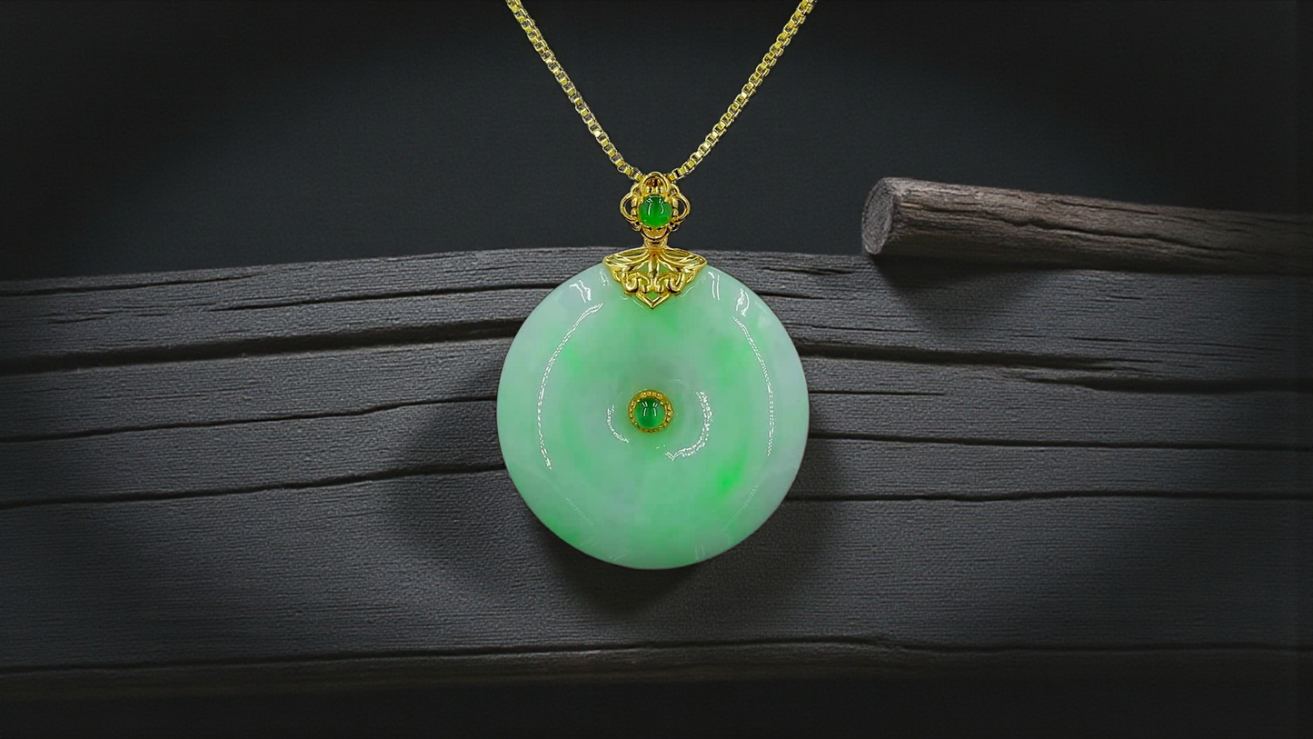 Emperors' Round Burmese A-Jadeite 24.00 mm Donut Pendant (with 18K Yellow Gold) - Certified - V12