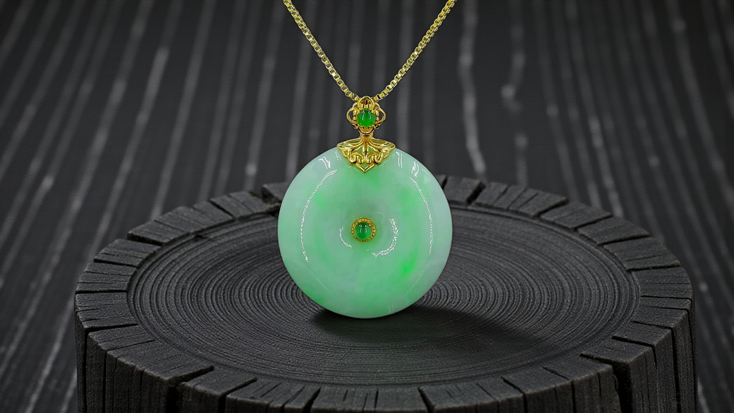 Emperors' Round Burmese A-Jadeite 24.00 mm Donut Pendant (with 18K Yellow Gold) - Certified - V12