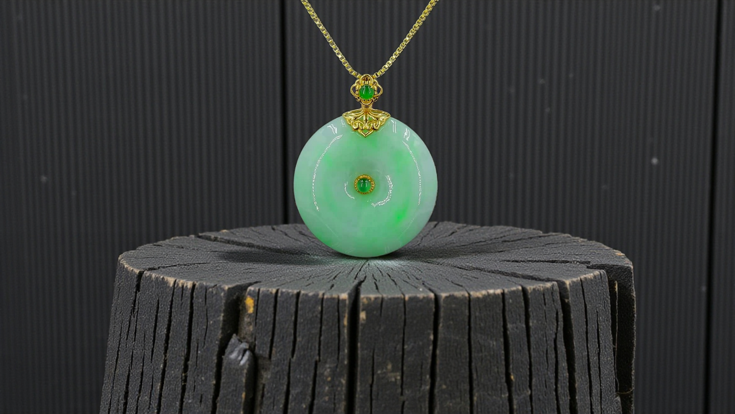 Emperors' Round Burmese A-Jadeite 24.00 mm Donut Pendant (with 18K Yellow Gold) - Certified - V12