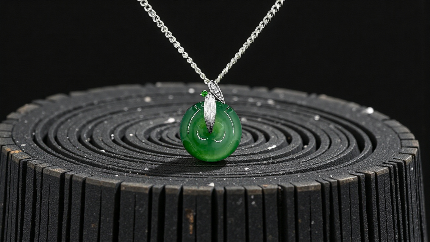 Niseko Round Burmese A-Jadeite 15.00 mm Donut Charm Pendant (with 18K White Gold and White Diamonds) - Certified
