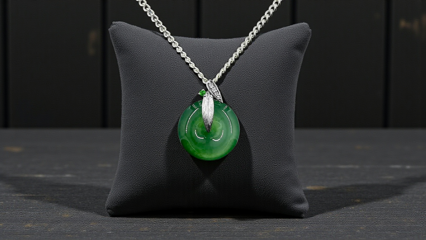 Niseko Round Burmese A-Jadeite 15.00 mm Donut Charm Pendant (with 18K White Gold and White Diamonds) - Certified