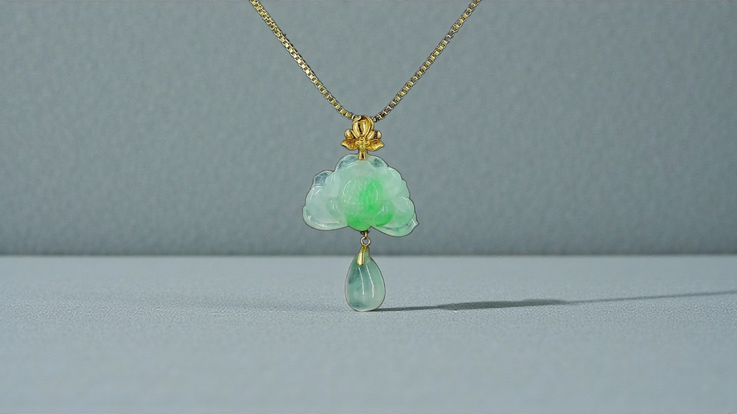 Hasu Flower Dangling Burmese A-Jadeite Pendant (with 18K Yellow Gold) - Certified