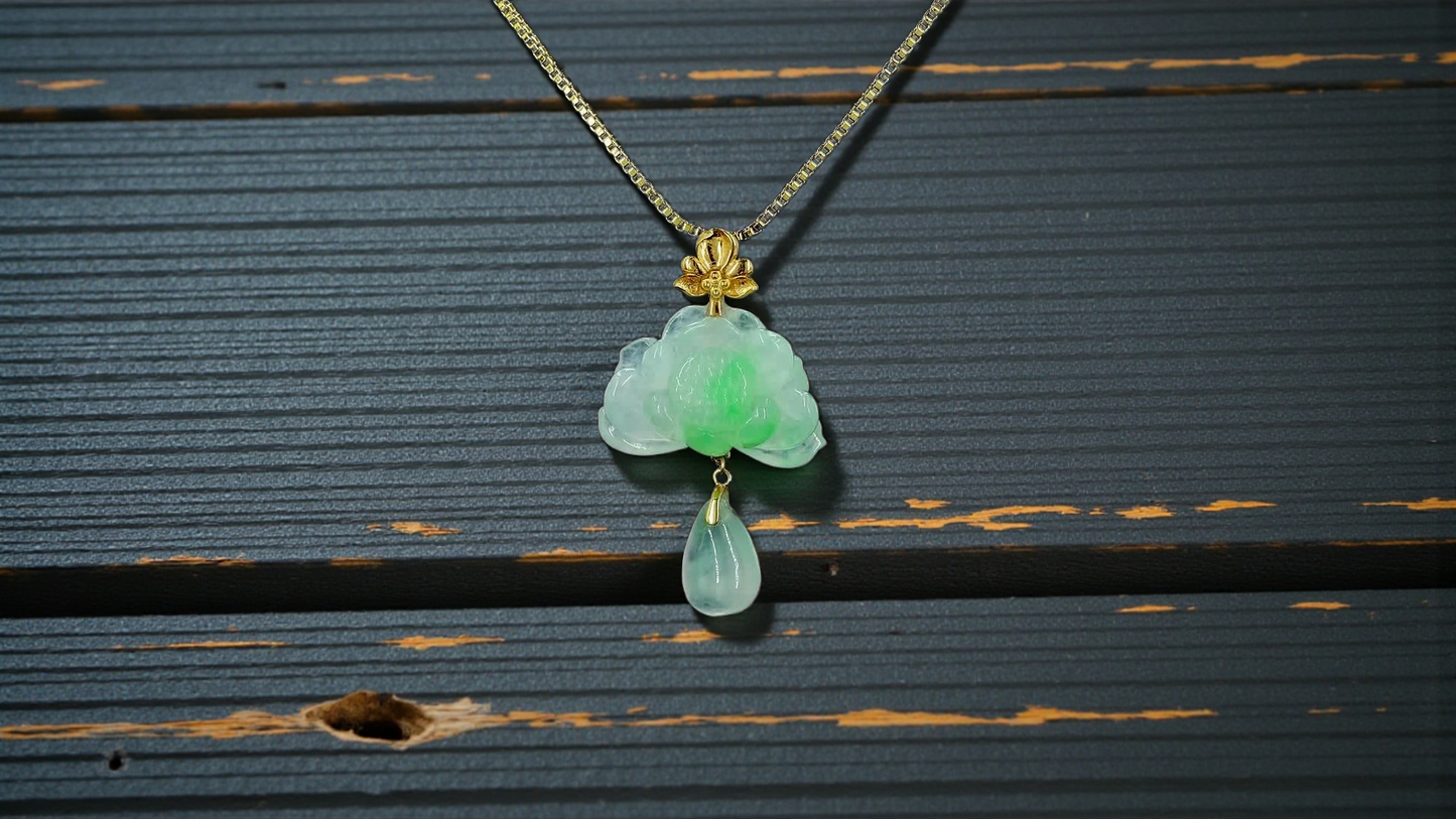 Hasu Flower Dangling Burmese A-Jadeite Pendant (with 18K Yellow Gold) - Certified