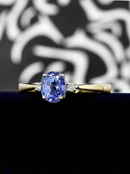 Certified Kyoto Oval Shaped 1.17 cts. No Heat Natural Blue Sapphire Ring with 14K Yellow Gold and White Diamonds Size US 6.5  - R7