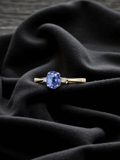 Certified Kyoto Oval Shaped 1.17 cts. No Heat Natural Blue Sapphire Ring with 14K Yellow Gold and White Diamonds Size US 6.5  - R7