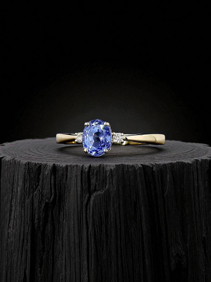 Certified Kyoto Oval Shaped 1.17 cts. No Heat Natural Blue Sapphire Ring with 14K Yellow Gold and White Diamonds Size US 6.5  - R7