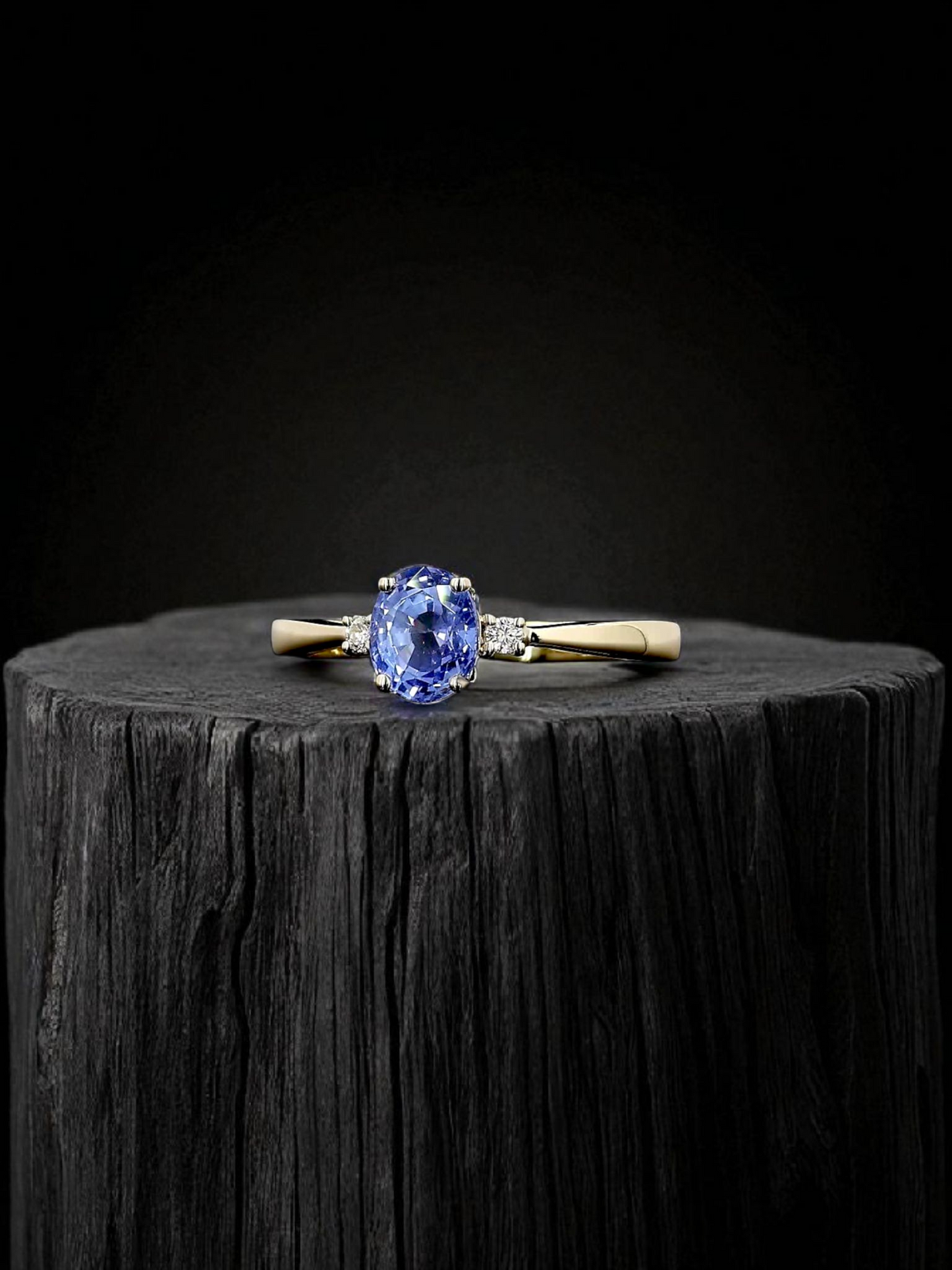 Certified Kyoto Oval Shaped 1.17 cts. No Heat Natural Blue Sapphire Ring with 14K Yellow Gold and White Diamonds Size US 6.5  - R7