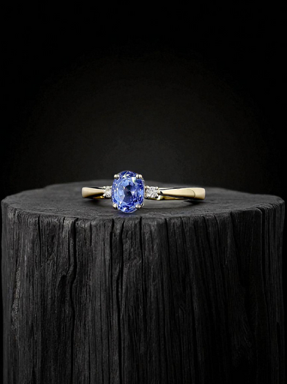 Certified Kyoto Oval Shaped 1.17 cts. No Heat Natural Blue Sapphire Ring with 14K Yellow Gold and White Diamonds Size US 6.5  - R7