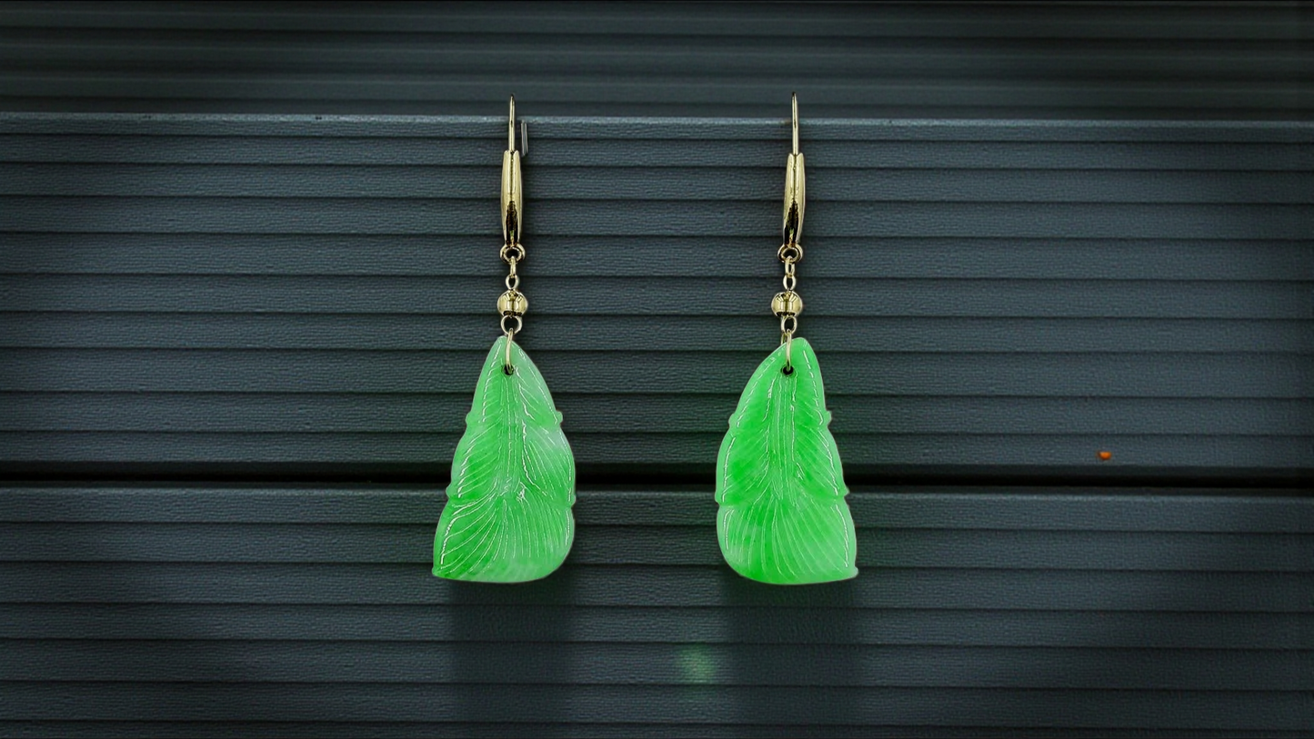 Nakamura Dangling Leaf Imperial Green Burmese A-Jade Earrings (with 18K Yellow Gold) - Certified