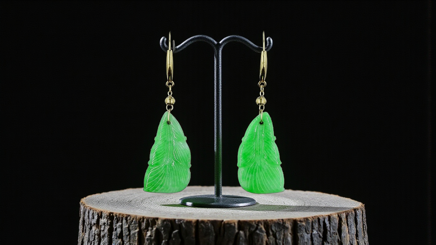 Nakamura Dangling Leaf Imperial Green Burmese A-Jade Earrings (with 18K Yellow Gold) - Certified