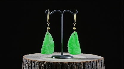 Nakamura Dangling Leaf Imperial Green Burmese A-Jade Earrings (with 18K Yellow Gold) - Certified