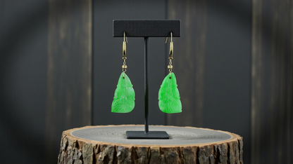 Nakamura Dangling Leaf Imperial Green Burmese A-Jade Earrings (with 18K Yellow Gold) - Certified