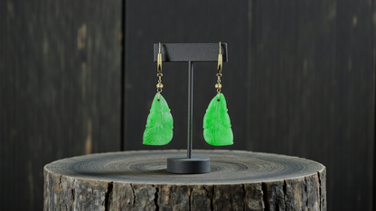 Nakamura Dangling Leaf Imperial Green Burmese A-Jade Earrings (with 18K Yellow Gold) - Certified