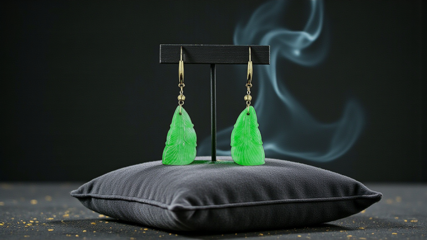 Nakamura Dangling Leaf Imperial Green Burmese A-Jade Earrings (with 18K Yellow Gold) - Certified