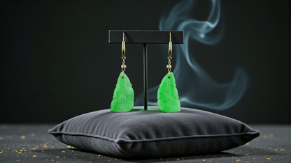 Nakamura Dangling Leaf Imperial Green Burmese A-Jade Earrings (with 18K Yellow Gold) - Certified