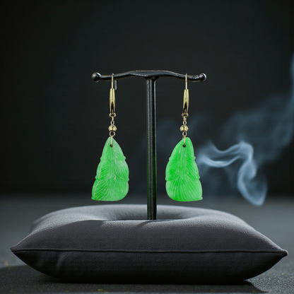 Nakamura Dangling Leaf Imperial Green Burmese A-Jade Earrings (with 18K Yellow Gold) - Certified