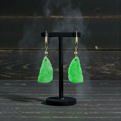 Nakamura Dangling Leaf Imperial Green Burmese A-Jade Earrings (with 18K Yellow Gold) - Certified