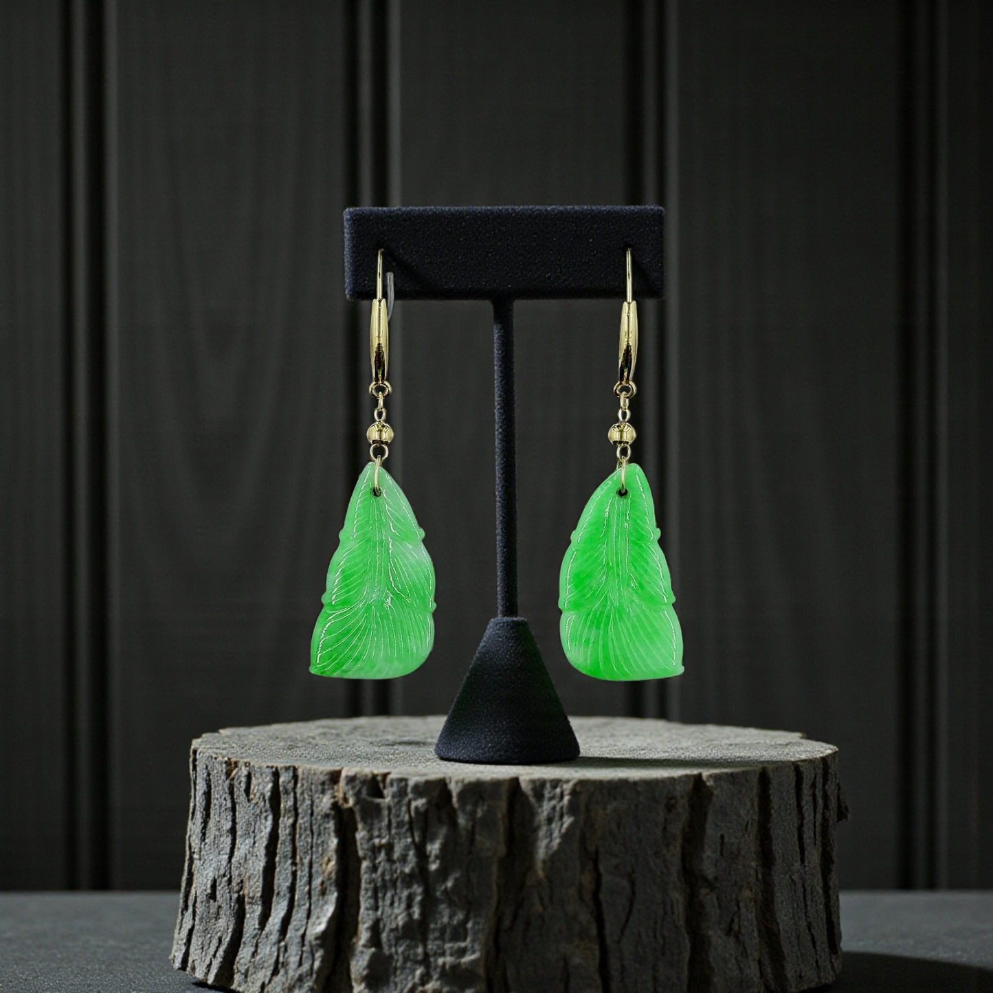 Nakamura Dangling Leaf Imperial Green Burmese A-Jade Earrings (with 18K Yellow Gold) - Certified