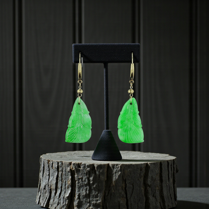 Nakamura Dangling Leaf Imperial Green Burmese A-Jade Earrings (with 18K Yellow Gold) - Certified