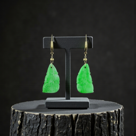 Nakamura Dangling Leaf Imperial Green Burmese A-Jade Earrings (with 18K Yellow Gold) - Certified