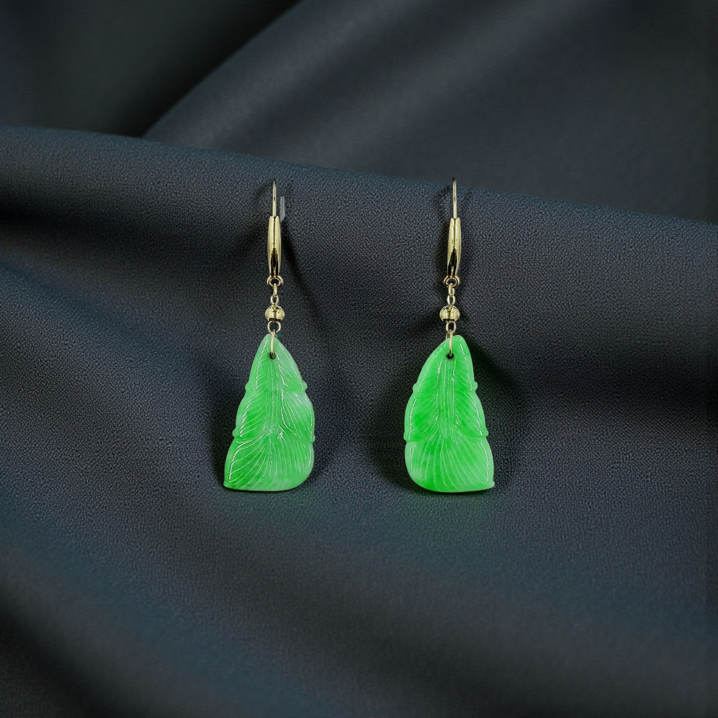 Nakamura Dangling Leaf Imperial Green Burmese A-Jade Earrings (with 18K Yellow Gold) - Certified