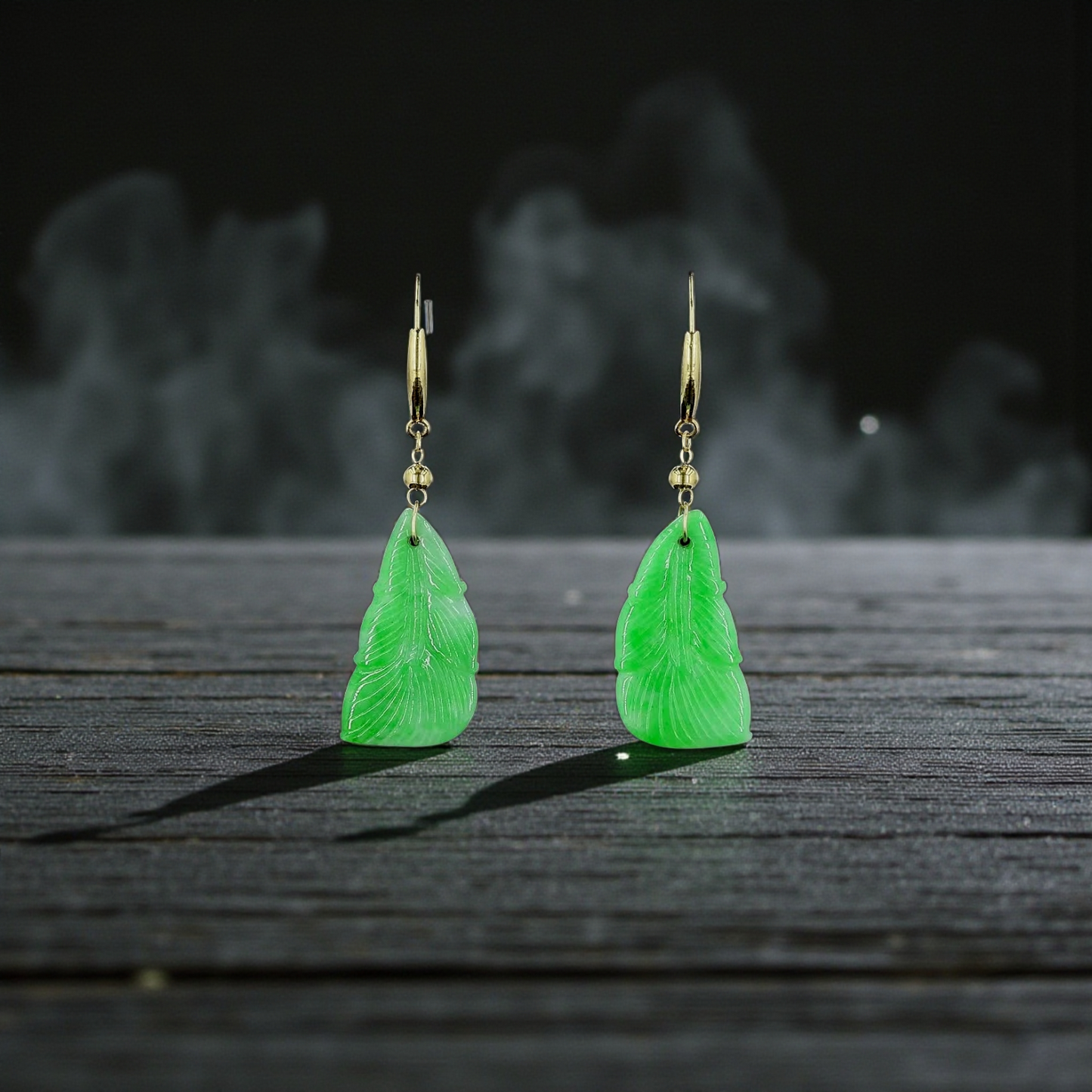 Nakamura Dangling Leaf Imperial Green Burmese A-Jade Earrings (with 18K Yellow Gold) - Certified