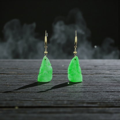 Nakamura Dangling Leaf Imperial Green Burmese A-Jade Earrings (with 18K Yellow Gold) - Certified