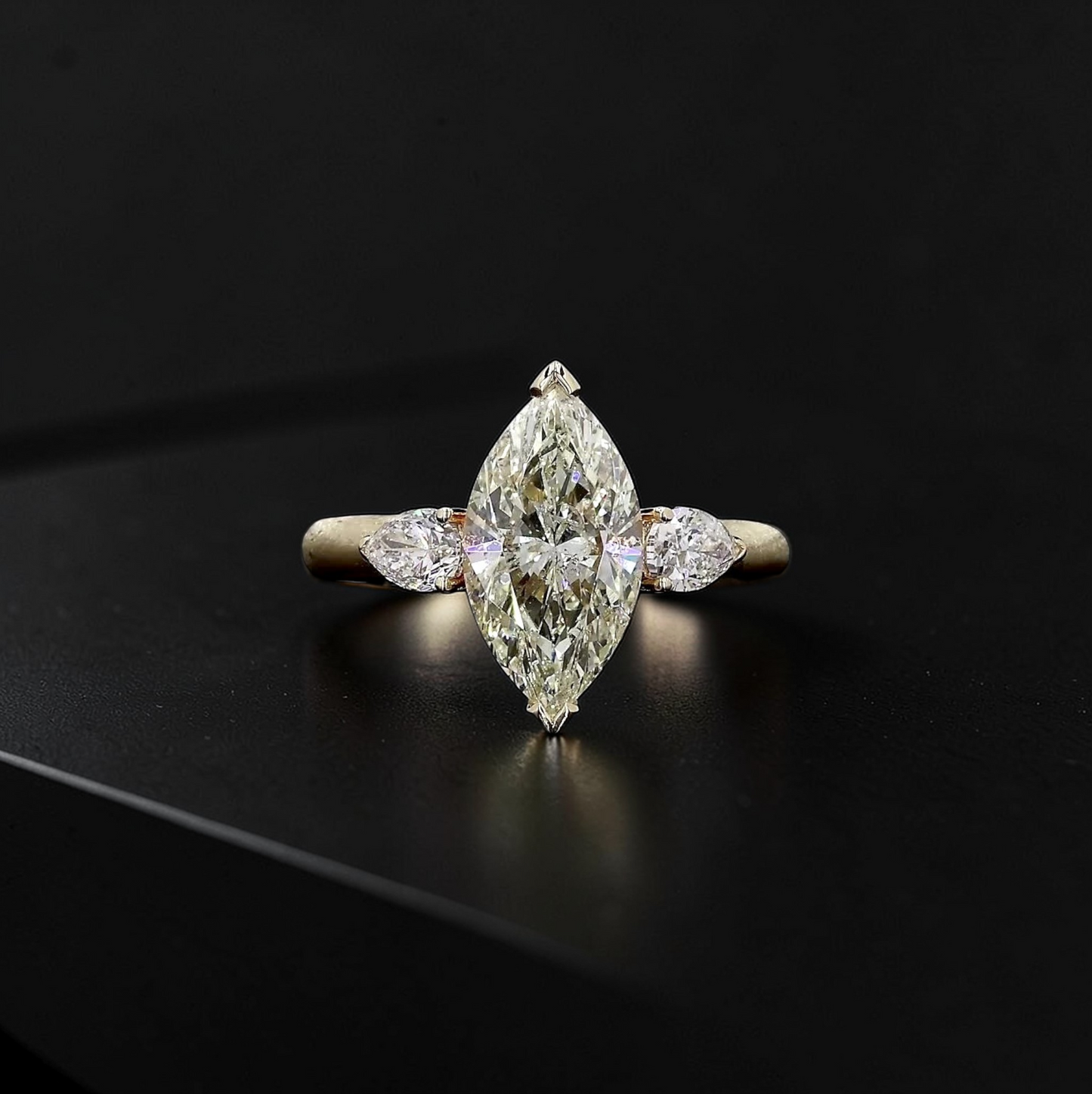 Kobayashi 2.53 cts. Natural Marquise Diamond Cocktail Ring, with Natural Pear Shaped White Diamonds, and 18K Yellow Gold - GIA Certified -R8