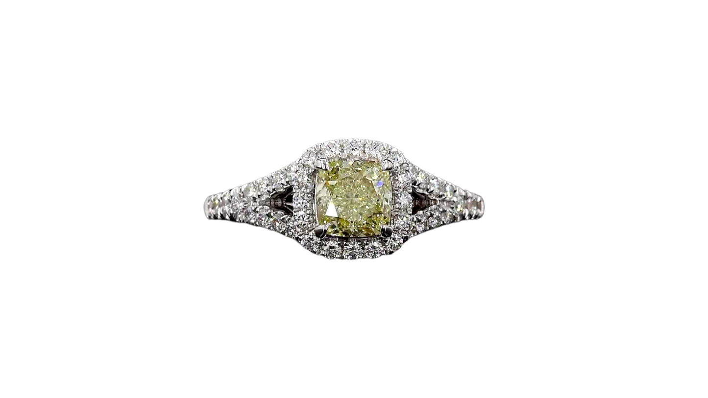 Kami 1.02 cts. Natural Cushion Fancy Light Yellow Diamond Halo Ring with Natural Round White VVS Diamonds Halo and 18K White Gold - GIA Certified - R9