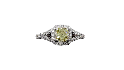 Kami 1.02 cts. Natural Cushion Fancy Light Yellow Diamond Halo Ring with Natural Round White VVS Diamonds Halo and 18K White Gold - GIA Certified - R9