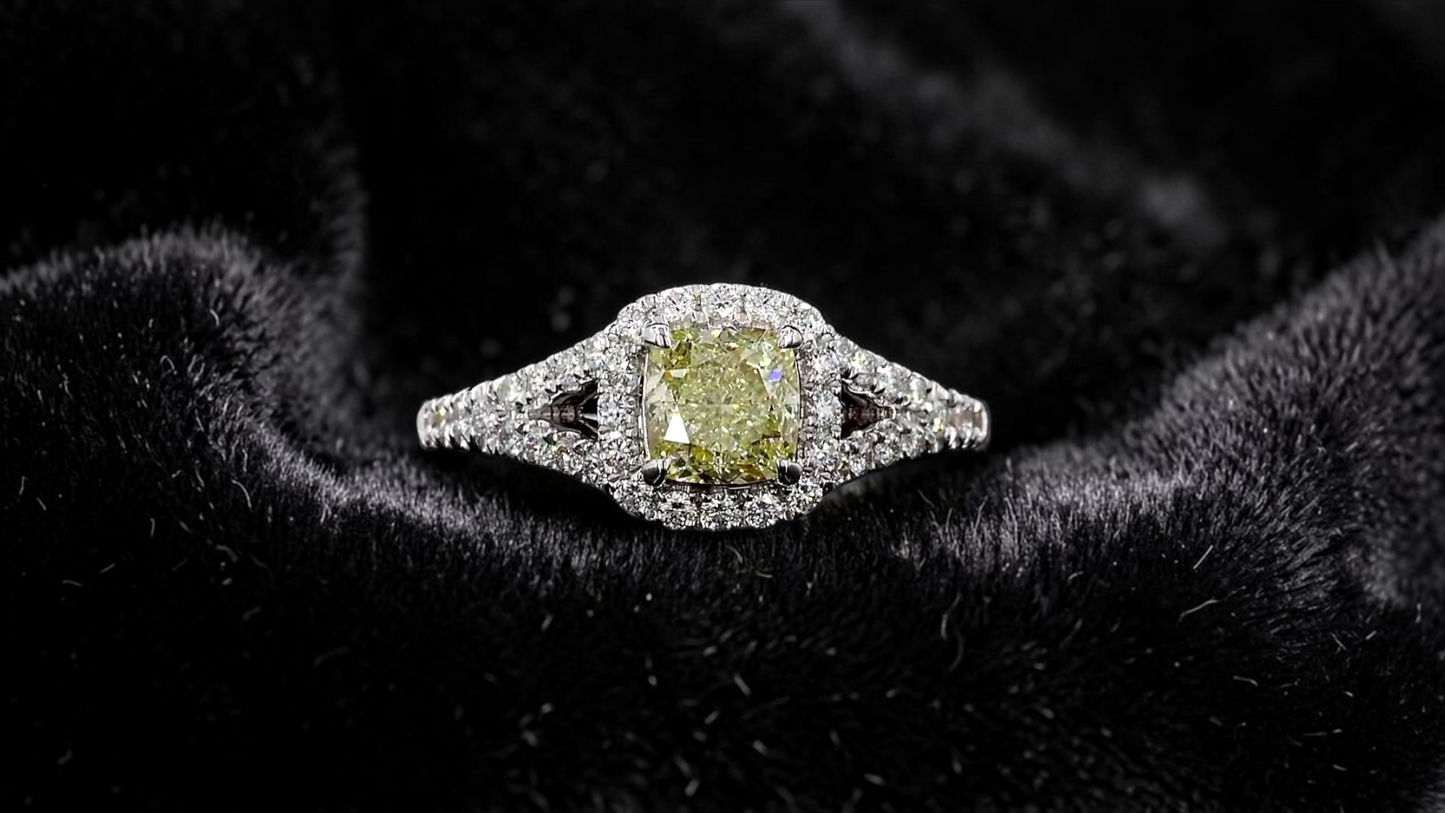 Kami 1.02 cts. Natural Cushion Fancy Light Yellow Diamond Halo Ring with Natural Round White VVS Diamonds Halo and 18K White Gold - GIA Certified - R9