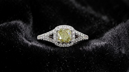 Kami 1.02 cts. Natural Cushion Fancy Light Yellow Diamond Halo Ring with Natural Round White VVS Diamonds Halo and 18K White Gold - GIA Certified - R9
