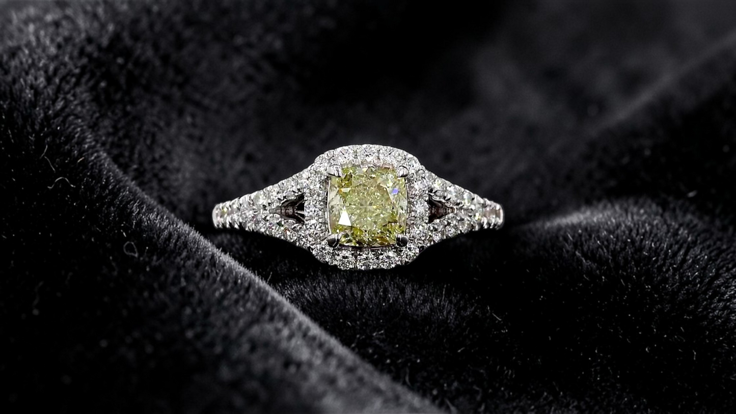 Kami 1.02 cts. Natural Cushion Fancy Light Yellow Diamond Halo Ring with Natural Round White VVS Diamonds Halo and 18K White Gold - GIA Certified - R9