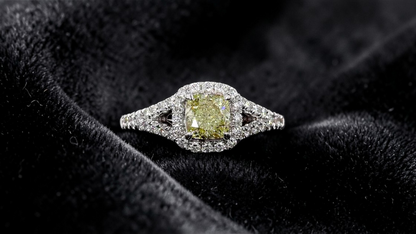 Kami 1.02 cts. Natural Cushion Fancy Light Yellow Diamond Halo Ring with Natural Round White VVS Diamonds Halo and 18K White Gold - GIA Certified - R9