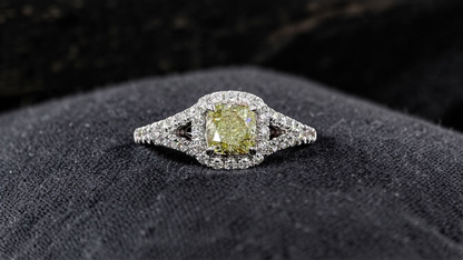 Kami 1.02 cts. Natural Cushion Fancy Light Yellow Diamond Halo Ring with Natural Round White VVS Diamonds Halo and 18K White Gold - GIA Certified - R9