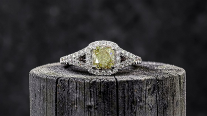 Kami 1.02 cts. Natural Cushion Fancy Light Yellow Diamond Halo Ring with Natural Round White VVS Diamonds Halo and 18K White Gold - GIA Certified - R9