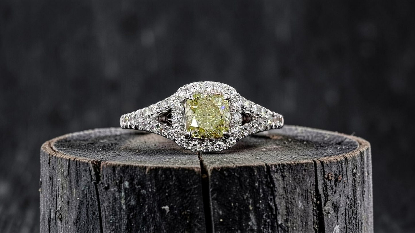 Kami 1.02 cts. Natural Cushion Fancy Light Yellow Diamond Halo Ring with Natural Round White VVS Diamonds Halo and 18K White Gold - GIA Certified - R9