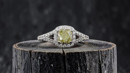 Kami 1.02 cts. Natural Cushion Fancy Light Yellow Diamond Halo Ring with Natural Round White VVS Diamonds Halo and 18K White Gold - GIA Certified - R9