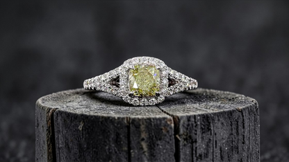 Kami 1.02 cts. Natural Cushion Fancy Light Yellow Diamond Halo Ring with Natural Round White VVS Diamonds Halo and 18K White Gold - GIA Certified - R9