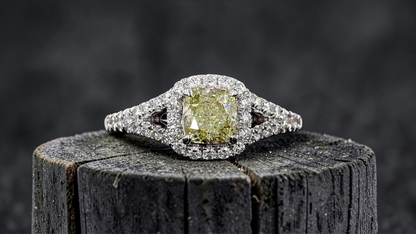 Kami 1.02 cts. Natural Cushion Fancy Light Yellow Diamond Halo Ring with Natural Round White VVS Diamonds Halo and 18K White Gold - GIA Certified - R9