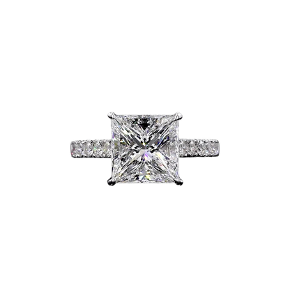 Ohime 4.01 cts. Natural Princess-Cut E i1 Diamond Cocktail Ring with Round White VVS Diamonds and 18K White Gold - GIA Certified-R10
