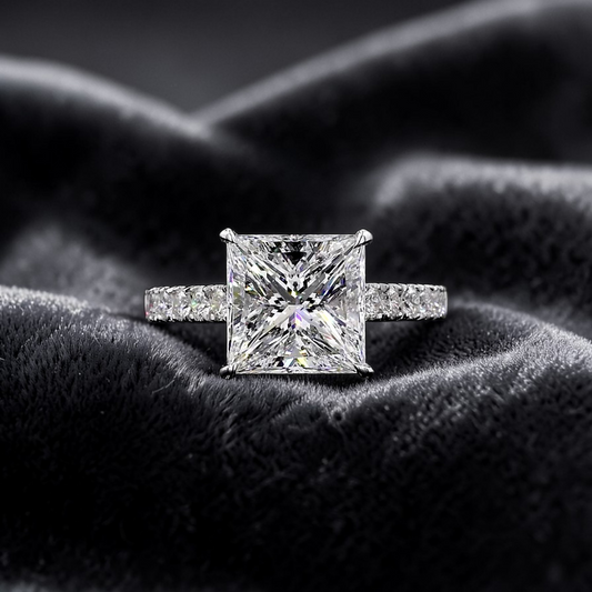 Ohime 4.01 cts. Natural Princess-Cut E i1 Diamond Cocktail Ring with Round White VVS Diamonds and 18K White Gold - GIA Certified-R10
