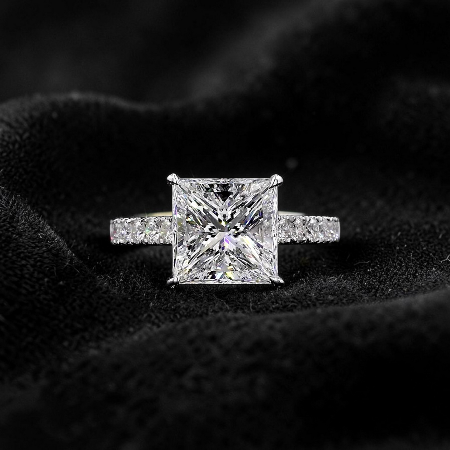 Ohime 4.01 cts. Natural Princess-Cut E i1 Diamond Cocktail Ring with Round White VVS Diamonds and 18K White Gold - GIA Certified-R10